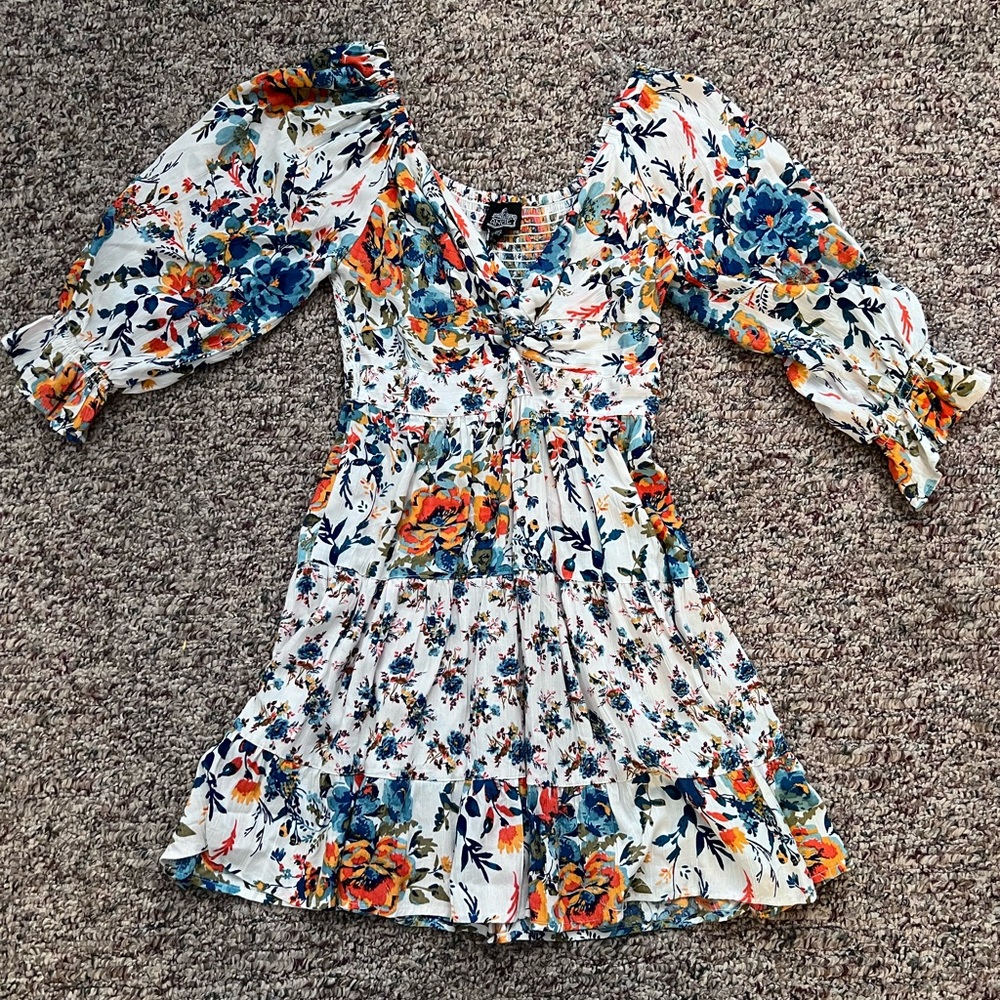 Angie Floral Boho Puff Sleeve Mini Dress – Smocked Back (M)